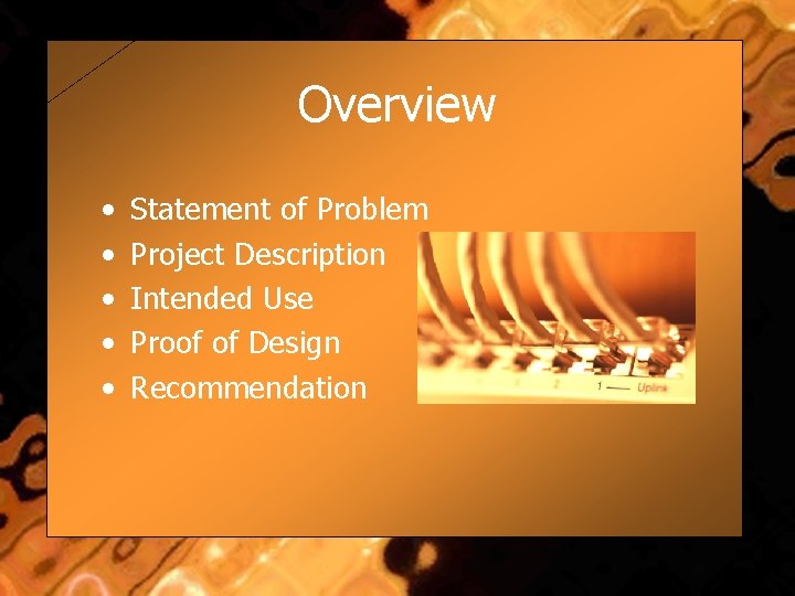 Overview • • • Statement of Problem Project Description Intended Use Proof of Design