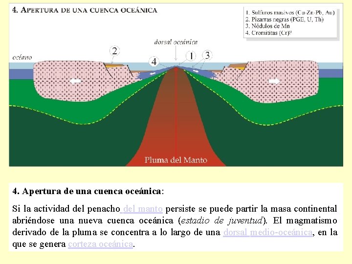 4. Apertura de una cuenca oceánica: Si la actividad del penacho del manto persiste