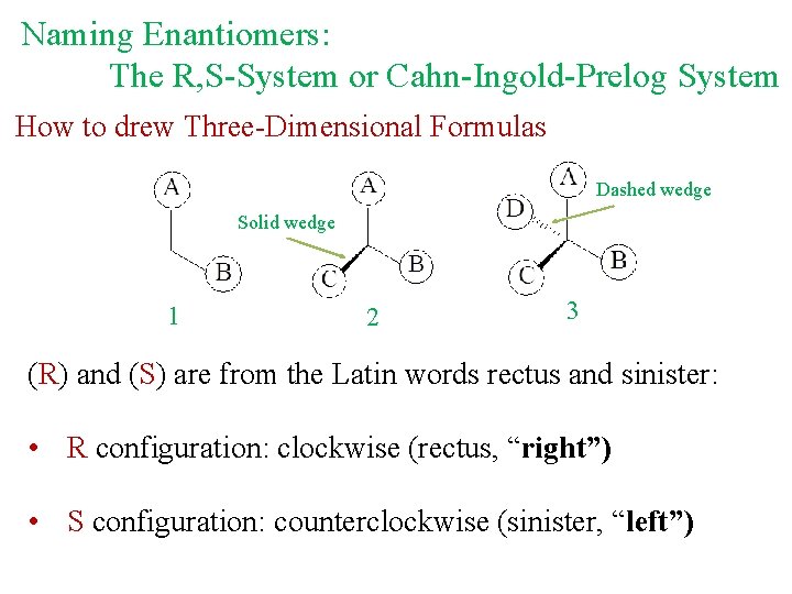 Naming Enantiomers: The R, S-System or Cahn-Ingold-Prelog System How to drew Three-Dimensional Formulas Dashed