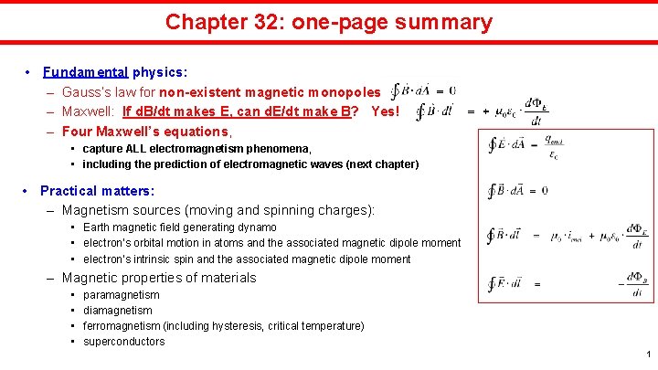 Chapter 32: one-page summary • Fundamental physics: – Gauss’s law for non-existent magnetic monopoles