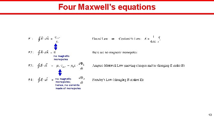 Four Maxwell’s equations no magnetic monopoles; hence, no currents made of monopoles 13 