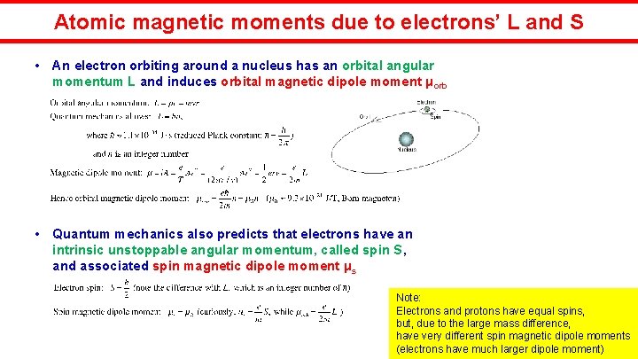 Atomic magnetic moments due to electrons’ L and S • An electron orbiting around