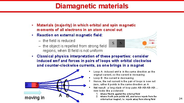 Diamagnetic materials • Materials (majority) in which orbital and spin magnetic moments of all