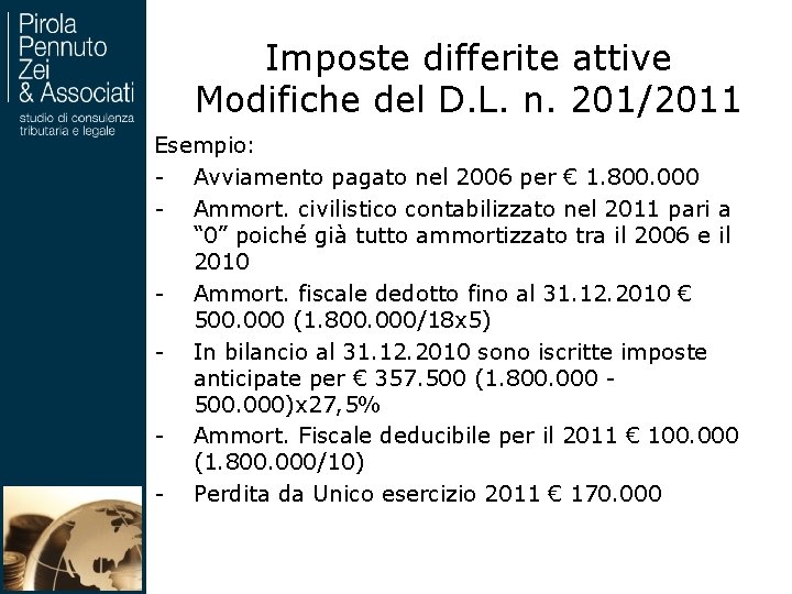 Imposte differite attive Modifiche del D. L. n. 201/2011 Esempio: - Avviamento pagato nel