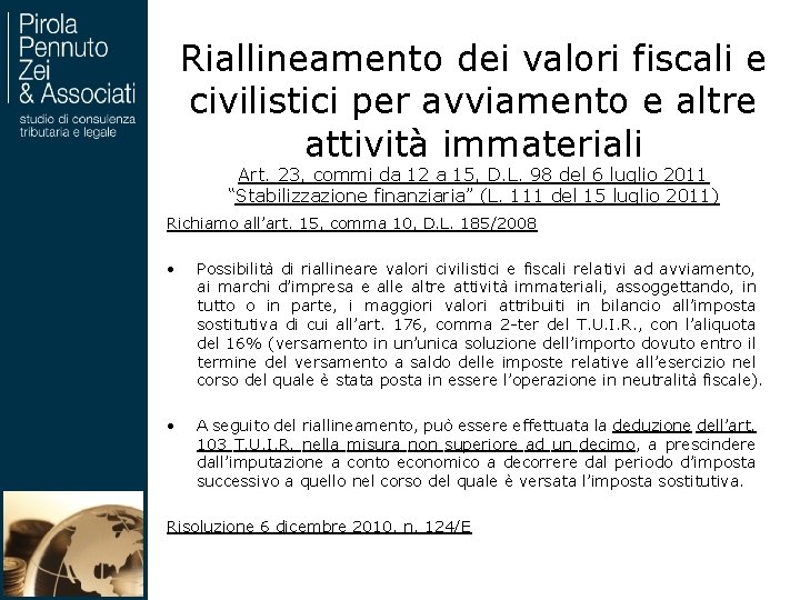 Riallineamento dei valori fiscali e civilistici per avviamento e altre attività immateriali Art. 23,