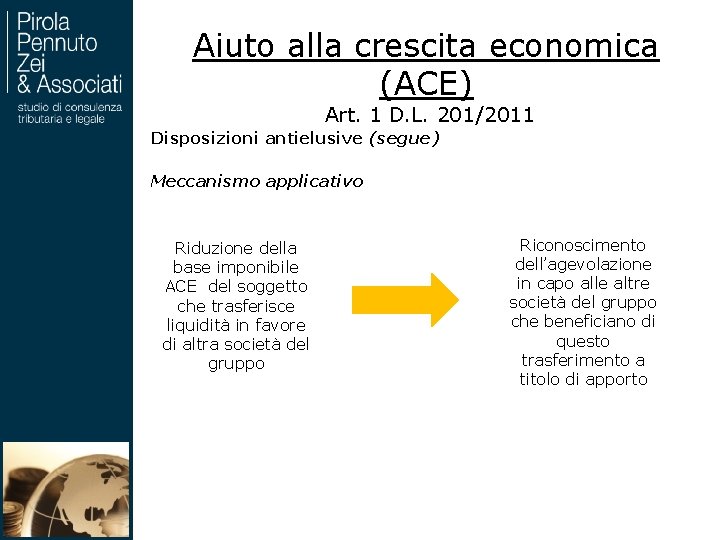 Aiuto alla crescita economica (ACE) Art. 1 D. L. 201/2011 Disposizioni antielusive (segue) Meccanismo