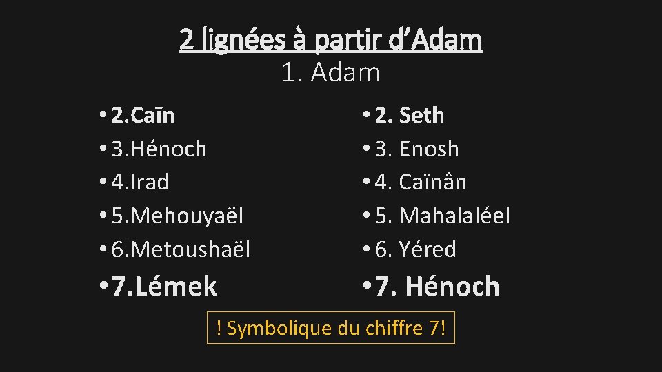 2 lignées à partir d’Adam 1. Adam • 2. Caïn • 3. Hénoch •