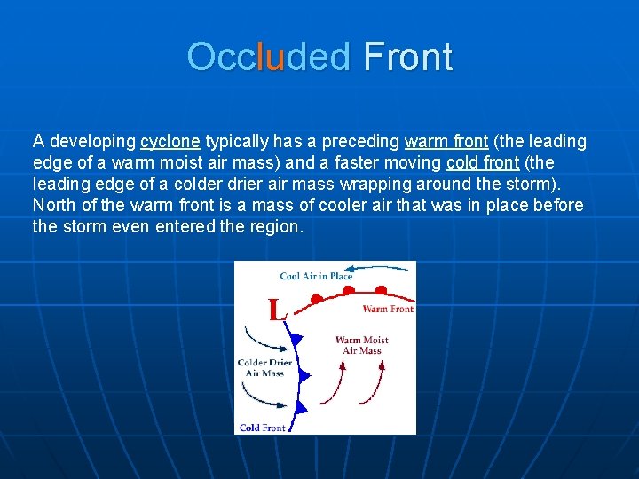 Occluded Front A developing cyclone typically has a preceding warm front (the leading edge