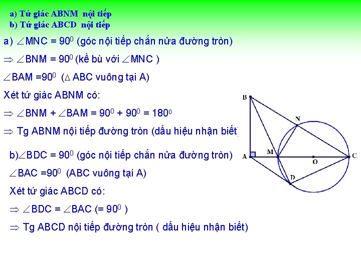 a) Tứ giác ABNM nội tiếp b) Tứ giác ABCD nội tiếp a) MNC