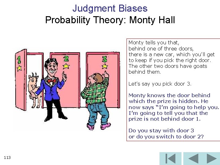 Judgment Biases Probability Theory: Monty Hall Monty tells you that, behind one of three