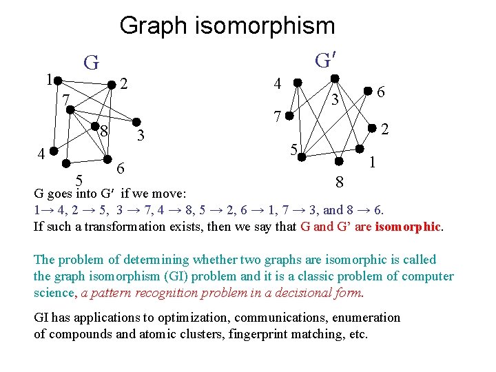 Graph isomorphism G′ G 1 2 7 5 3 6 6 3 7 8