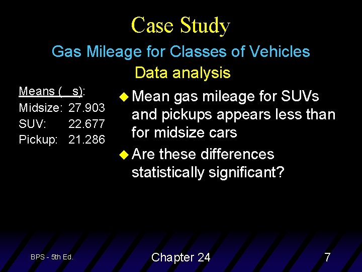 Case Study Gas Mileage for Classes of Vehicles Data analysis Means ( Midsize: SUV:
