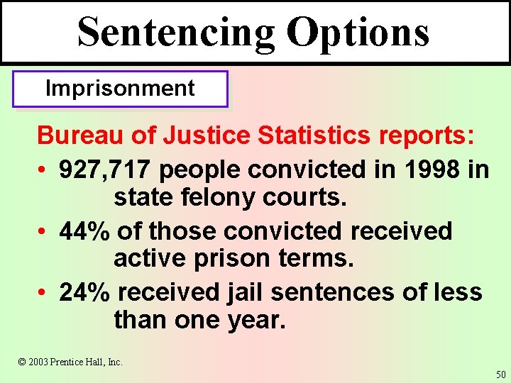 Sentencing Options Imprisonment Bureau of Justice Statistics reports: • 927, 717 people convicted in