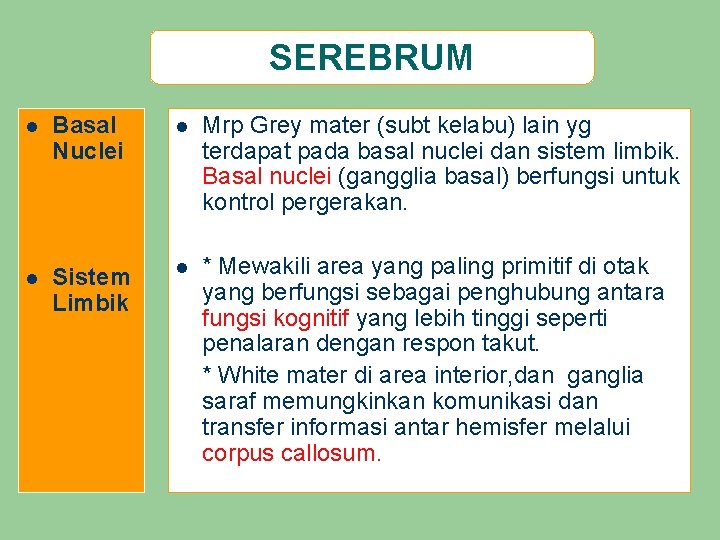 SEREBRUM l Basal Nuclei l Mrp Grey mater (subt kelabu) lain yg terdapat pada