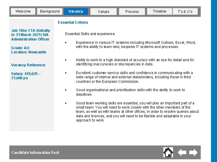 Welcome Vacancy Background Values Process Timeline T’s & C’s Essential Criteria Job Title: FTA