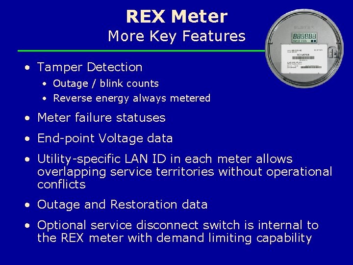 REX Meter More Key Features • Tamper Detection • Outage / blink counts •
