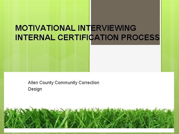 MOTIVATIONAL INTERVIEWING INTERNAL CERTIFICATION PROCESS Allen County Community Correction Design 