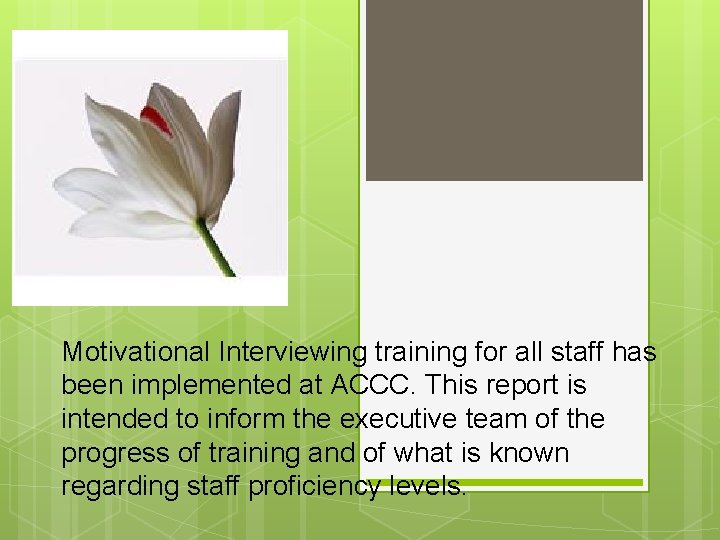 Motivational Interviewing training for all staff has been implemented at ACCC. This report is