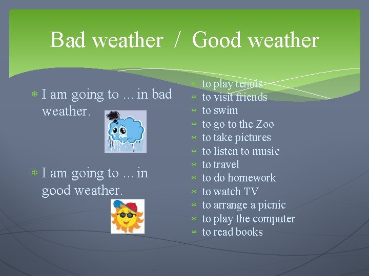 Bad weather / Good weather I am going to …in bad weather. I am