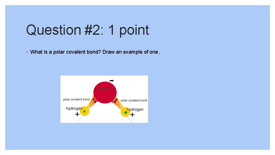 Question #2: 1 point ◦ What is a polar covalent bond? Draw an example