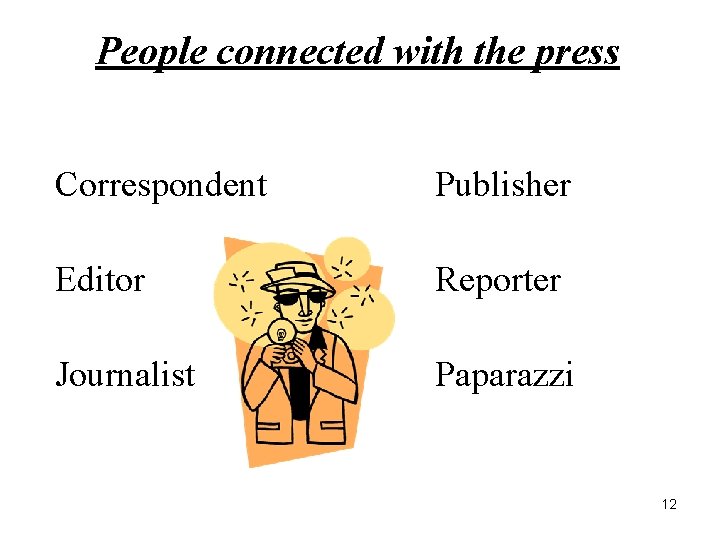 People connected with the press Correspondent Publisher Editor Reporter Journalist Paparazzi 12 
