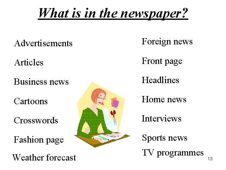 What is in the newspaper? Advertisements Foreign news Articles Front page Business news Headlines