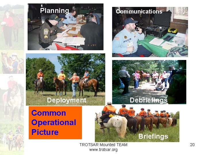 Planning Communications Deployment Common Operational Picture Debriefings Briefings TROTSAR Mounted TEAM www. trotsar. org