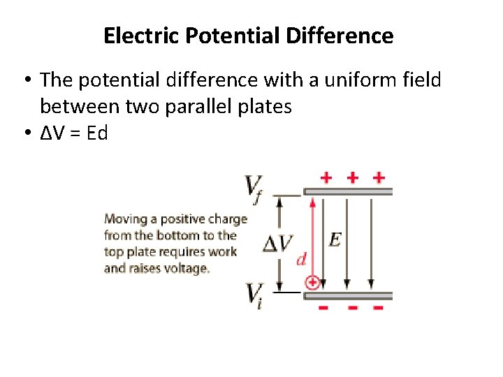 Electric Potential Difference • The potential difference with a uniform field between two parallel