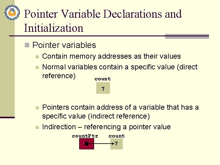 Pointer Variable Declarations and Initialization n Pointer variables n n Contain memory addresses as