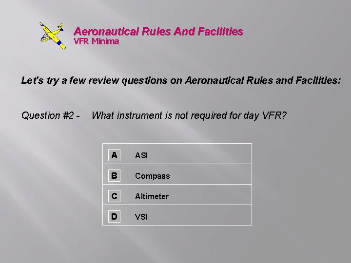 Aeronautical Rules And Facilities VFR Minima Let's try a few review questions on Aeronautical