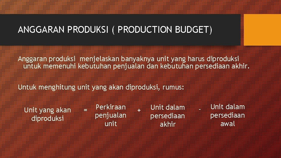 ANGGARAN PRODUKSI ( PRODUCTION BUDGET) Anggaran produksi menjelaskan banyaknya unit yang harus diproduksi untuk