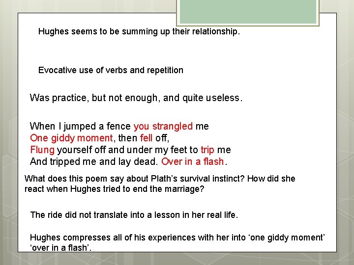 Hughes seems to be summing up their relationship. Evocative use of verbs and repetition