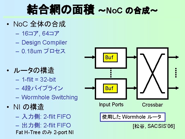 結合網の面積 ～No. C の合成～ • No. C 全体の合成 – 16コア, 64コア – Design Compiler