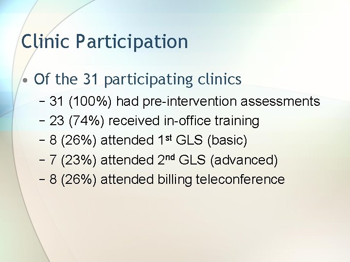 Clinic Participation • Of the 31 participating clinics − 31 (100%) had pre-intervention assessments