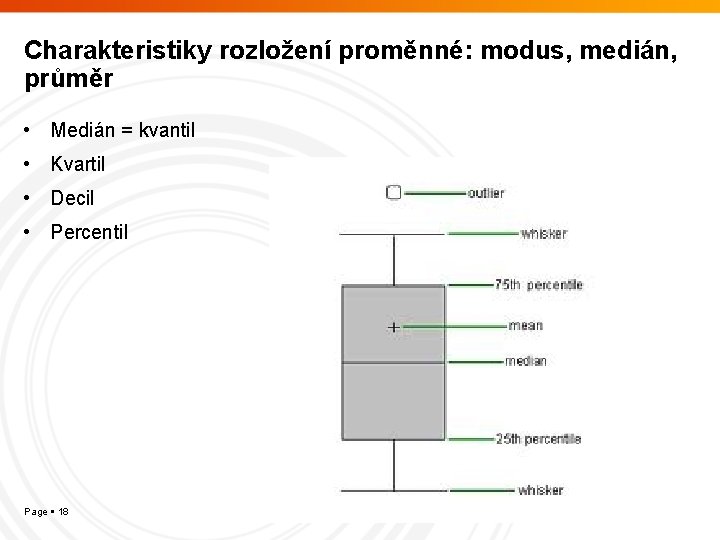 Charakteristiky rozložení proměnné: modus, medián, průměr • Medián = kvantil • Kvartil • Decil