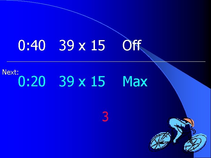 0: 40 39 x 15 Next: 0: 20 39 x 15 3 Off Max