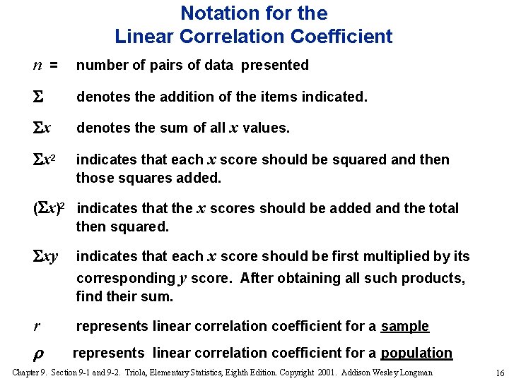 Notation for the Linear Correlation Coefficient n = number of pairs of data presented
