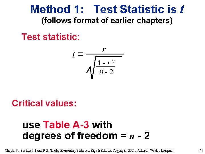 Method 1: Test Statistic is t (follows format of earlier chapters) Test statistic: t=