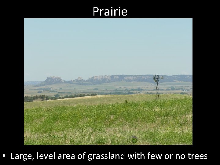 Prairie • Large, level area of grassland with few or no trees 