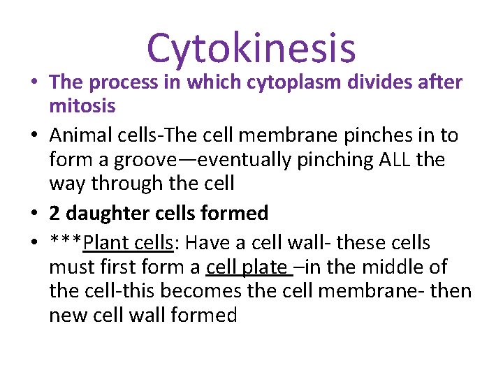 Cytokinesis • The process in which cytoplasm divides after mitosis • Animal cells-The cell