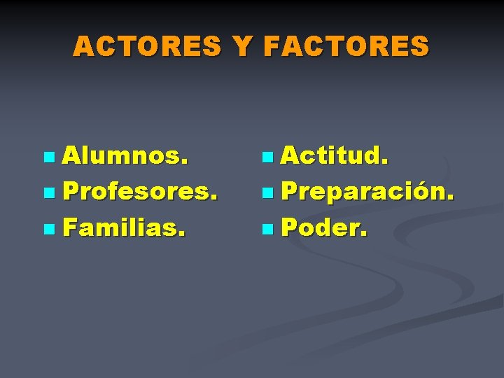 ACTORES Y FACTORES n Alumnos. n Actitud. n Familias. n Poder. n Profesores. n