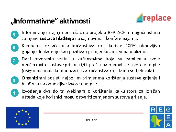 „Informativne” aktivnosti 5. 6. 7. 8. 9. Informiranje krajnjih potrošača o projektu REPLACE i