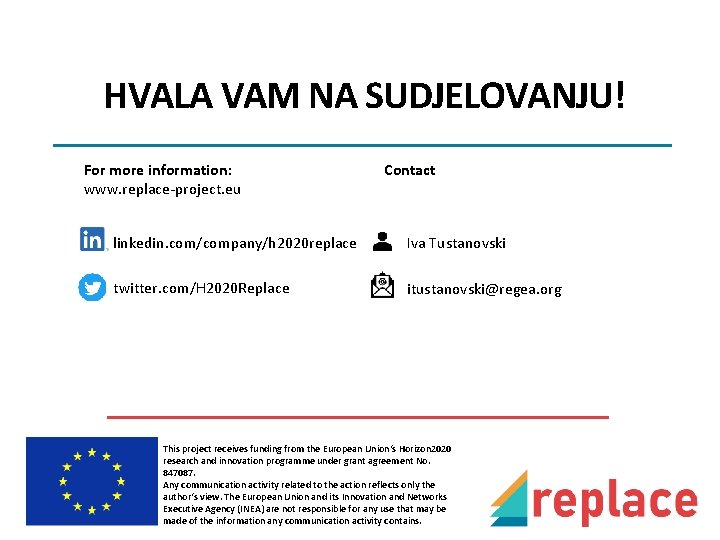 HVALA VAM NA SUDJELOVANJU! For more information: www. replace-project. eu Contact linkedin. com/company/h 2020