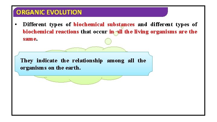 ORGANIC EVOLUTION • Different types of biochemical substances and different types of biochemical reactions