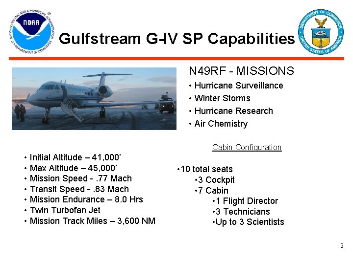 Gulfstream G-IV SP Capabilities N 49 RF - MISSIONS • Hurricane Surveillance • Winter