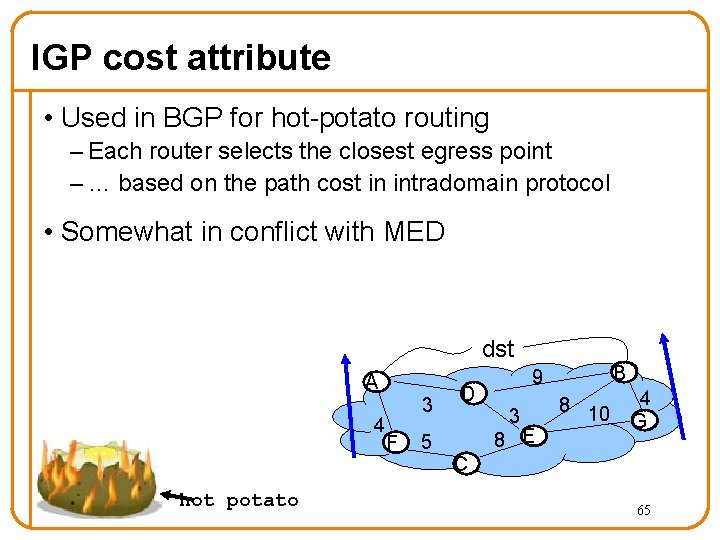 IGP cost attribute • Used in BGP for hot-potato routing – Each router selects