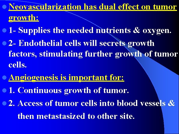l Neovascularization has dual effect on tumor growth: l 1 - Supplies the needed