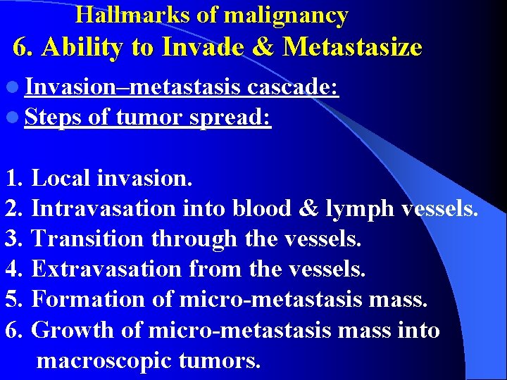 Hallmarks of malignancy 6. Ability to Invade & Metastasize l Invasion–metastasis cascade: l Steps