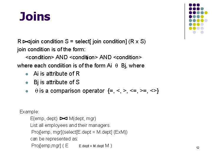 Joins R join condition S = select[ join condition] (R x S) join condition