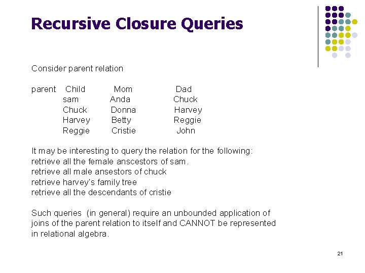 Recursive Closure Queries Consider parent relation parent Child sam Chuck Harvey Reggie Mom Anda